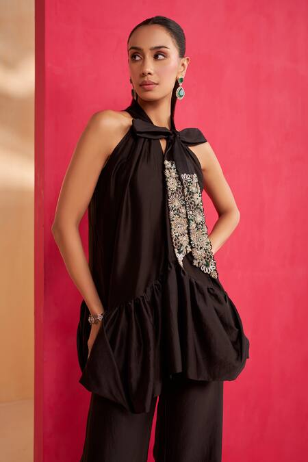Shop_Aakansha Gupta_Black Chanderi Embroidery Open Neck Designer Co-ord Set _Online_at_Aza_Fashions