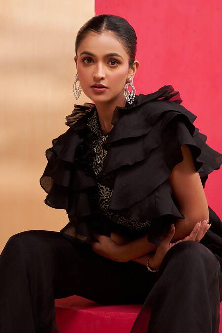 Aakansha Gupta_Black Organza Embroidery Round Neck Twilight Co-ord Set _Online_at_Aza_Fashions