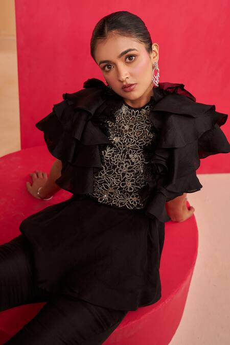 Buy_Aakansha Gupta_Black Organza Embroidery Round Neck Twilight Co-ord Set _Online_at_Aza_Fashions