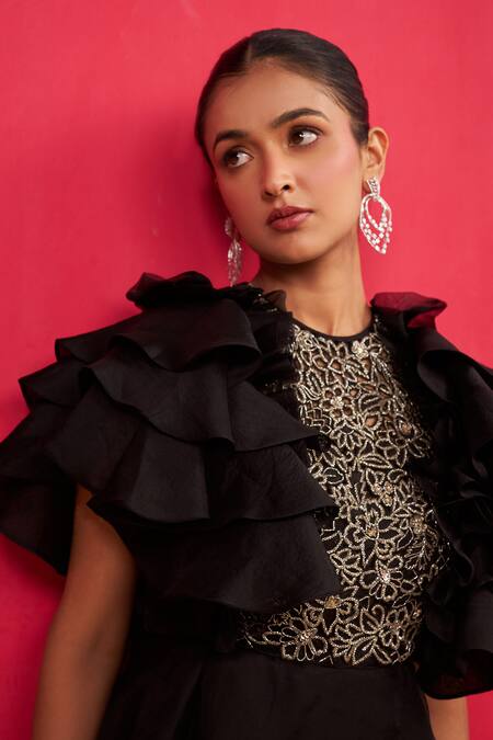 Shop_Aakansha Gupta_Black Organza Embroidery Round Neck Twilight Co-ord Set _Online_at_Aza_Fashions