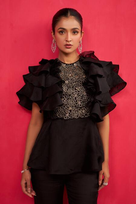 Buy_Aakansha Gupta_Black Organza Embroidery Round Neck Twilight Co-ord Set 