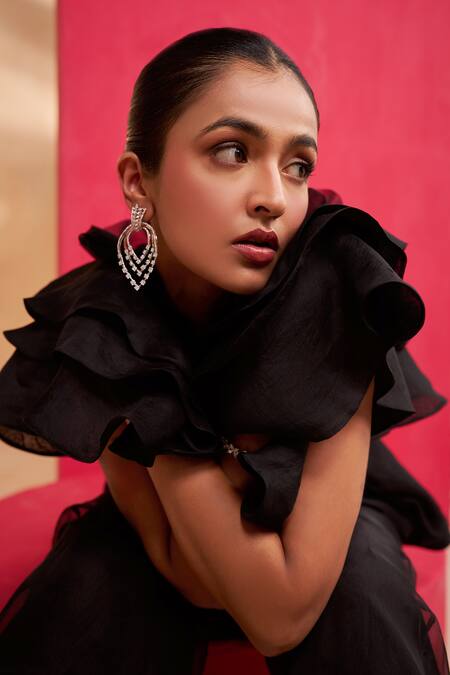 Shop_Aakansha Gupta_Black Organza Embroidery Round Neck Twilight Co-ord Set 