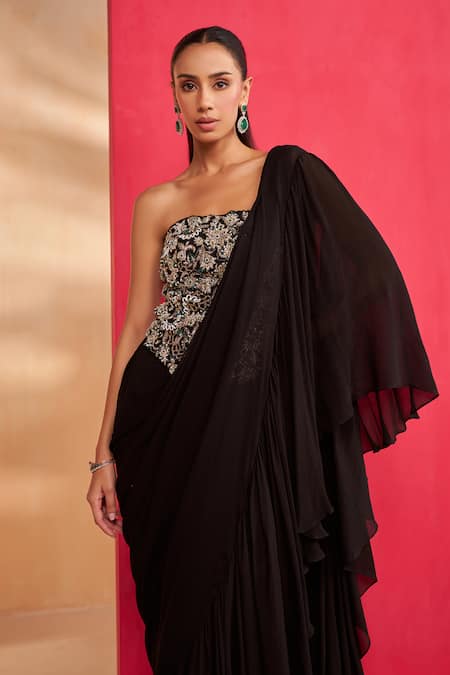 Aakansha Gupta_Black Silk, Chiffon, Georgette Beads, Sequins Designer Zara Drape Saree Set _Online_at_Aza_Fashions