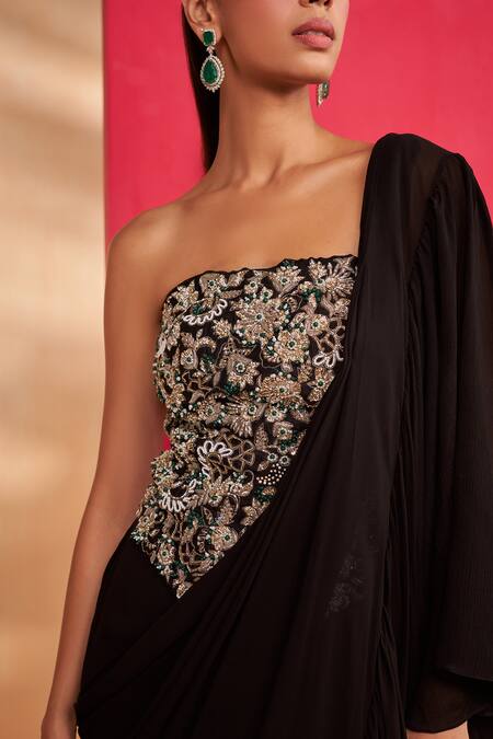 Shop_Aakansha Gupta_Black Silk, Chiffon, Georgette Beads, Sequins Designer Zara Drape Saree Set _Online_at_Aza_Fashions