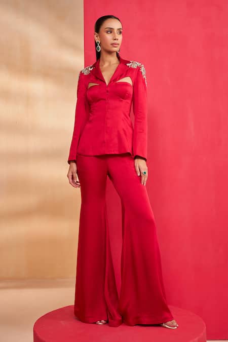 Aakansha Gupta Red Satin Liora Blazer Set