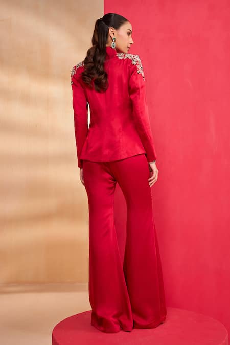 Aakansha Gupta Red Satin Liora Blazer Set 