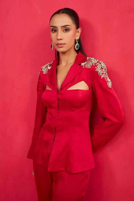 Shop_Aakansha Gupta_Red Satin Liora Blazer Set _Online_at_Aza_Fashions