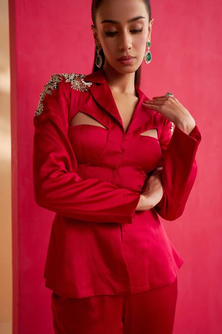 Aakansha Gupta_Red Satin Liora Blazer Set _at_Aza_Fashions