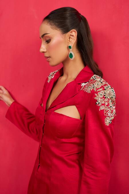 Buy_Aakansha Gupta_Red Satin Liora Blazer Set 