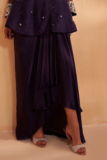 Aakansha Gupta_Blue Organza, Satin Embroidery Collared Dark Peplum Top And Skirt Set _Online_at_Aza_Fashions