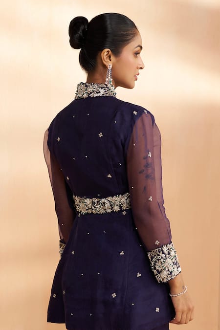 Shop_Aakansha Gupta_Blue Organza, Satin Embroidery Collared Dark Peplum Top And Skirt Set _Online_at_Aza_Fashions