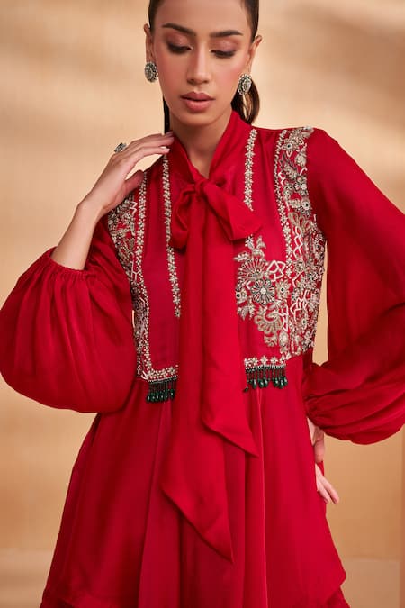 Aakansha Gupta_Red Georgette, Satin Embroidery Collared Designer Peplum Top And Pant Set _Online_at_Aza_Fashions