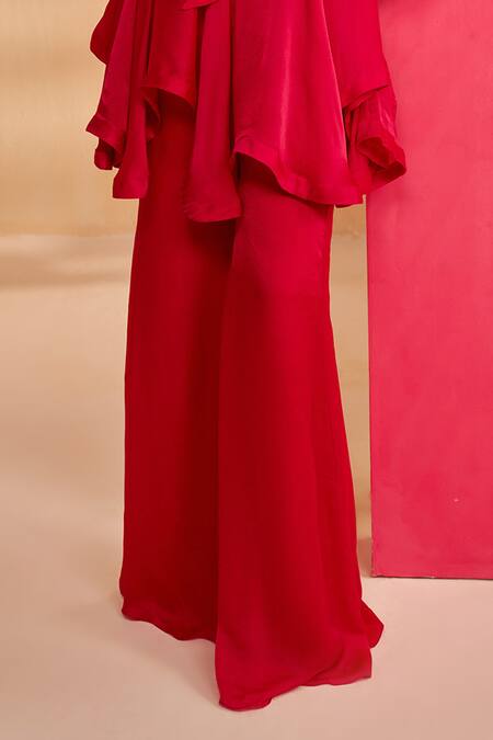 Buy_Aakansha Gupta_Red Georgette, Satin Embroidery Collared Designer Peplum Top And Pant Set _Online_at_Aza_Fashions