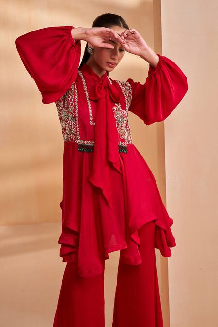 Shop_Aakansha Gupta_Red Georgette, Satin Embroidery Collared Designer Peplum Top And Pant Set _Online_at_Aza_Fashions