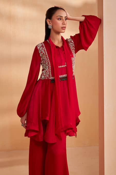 Aakansha Gupta_Red Georgette, Satin Embroidery Collared Designer Peplum Top And Pant Set _at_Aza_Fashions