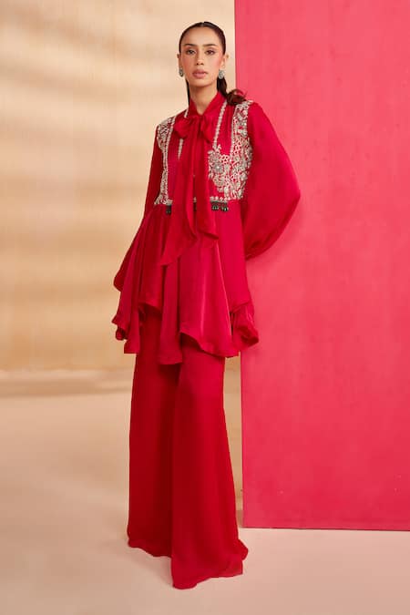 Aakansha Gupta Red Georgette, Satin Embroidery Collared Designer Peplum Top And Pant Set