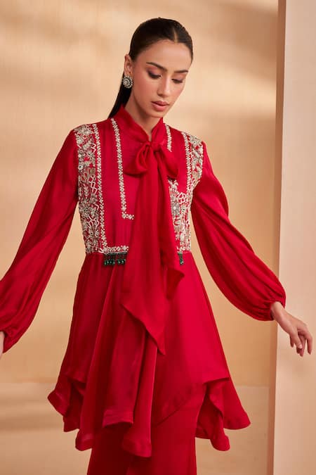 Buy_Aakansha Gupta_Red Georgette, Satin Embroidery Collared Designer Peplum Top And Pant Set 
