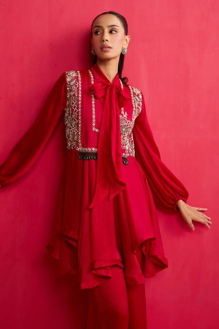 Shop_Aakansha Gupta_Red Georgette, Satin Embroidery Collared Designer Peplum Top And Pant Set 