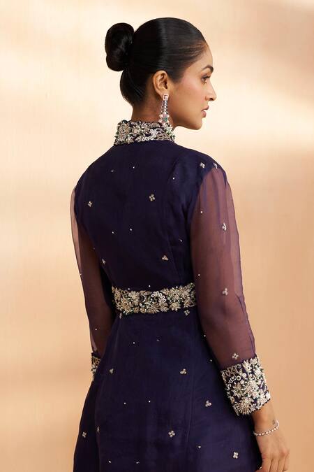 Aakansha Gupta Navy Organza, Tulle Embroidery Mandarin Collar Designer Tara Peplum Set Online at Aza Fashions Aakansha Gupta_Navy Organza, Tulle Embroidery Mandarin Collar Designer Tara Peplum Set _Online_at_Aza_Fashions