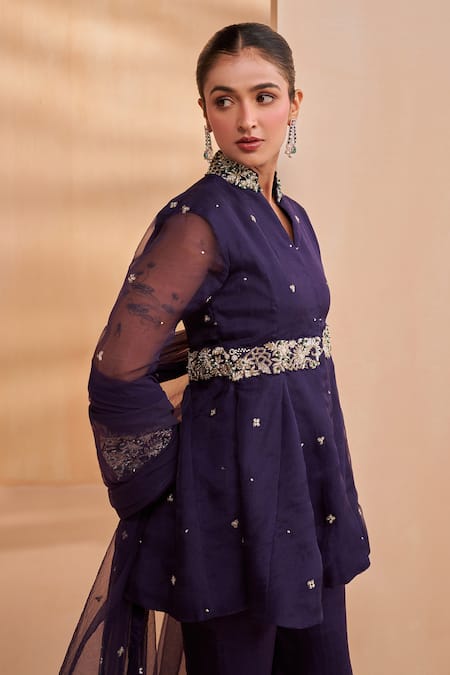 Buy Aakansha Gupta Navy Organza, Tulle Embroidery Mandarin Collar Designer Tara Peplum Set Online at Aza Fashions Buy_Aakansha Gupta_Navy Organza, Tulle Embroidery Mandarin Collar Designer Tara Peplum Set _Online_at_Aza_Fashions