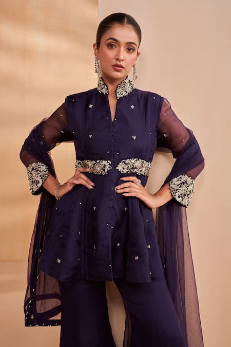 Shop Aakansha Gupta Navy Organza, Tulle Embroidery Mandarin Collar Designer Tara Peplum Set Online at Aza Fashions Shop_Aakansha Gupta_Navy Organza, Tulle Embroidery Mandarin Collar Designer Tara Peplum Set _Online_at_Aza_Fashions