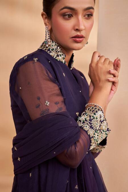 Aakansha Gupta Navy Organza, Tulle Embroidery Mandarin Collar Designer Tara Peplum Set at Aza Fashions Aakansha Gupta_Navy Organza, Tulle Embroidery Mandarin Collar Designer Tara Peplum Set _at_Aza_Fashions