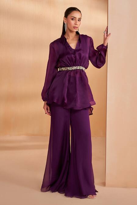 Aakansha Gupta_Purple Organza V-neck Co-ord Set _Online_at_Aza_Fashions