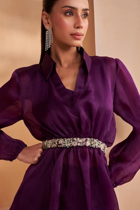 Shop_Aakansha Gupta_Purple Organza V-neck Co-ord Set _Online_at_Aza_Fashions