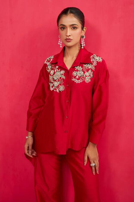 Aakansha Gupta_Red Chanderi Embroidery, Beads Collared Designer Co-ord Set _Online_at_Aza_Fashions