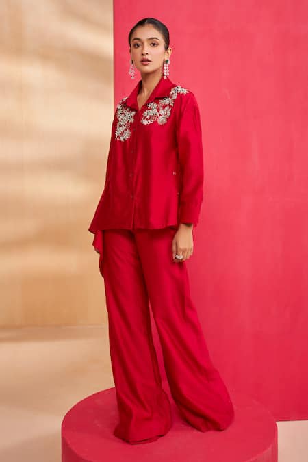 Aakansha Gupta Red Chanderi Embroidery, Beads Collared Designer Co-ord Set