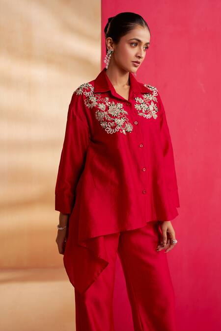 Shop_Aakansha Gupta_Red Chanderi Embroidery, Beads Collared Designer Co-ord Set _Online_at_Aza_Fashions