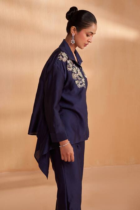 Aakansha Gupta_Navy Chanderi Embroidery, Beads Collared Dark Blue Tonic Co-ord Set _Online_at_Aza_Fashions