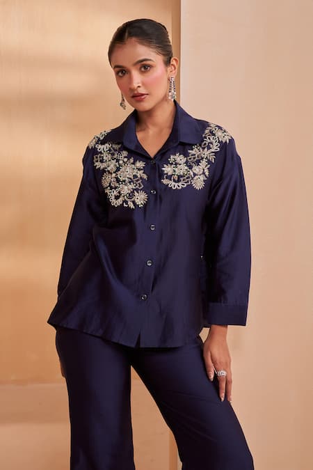 Buy_Aakansha Gupta_Navy Chanderi Embroidery, Beads Collared Dark Blue Tonic Co-ord Set _Online_at_Aza_Fashions