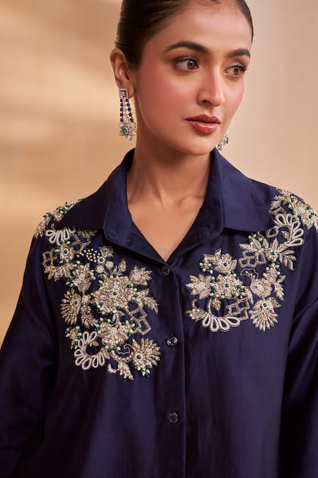 Shop_Aakansha Gupta_Navy Chanderi Embroidery, Beads Collared Dark Blue Tonic Co-ord Set _Online_at_Aza_Fashions