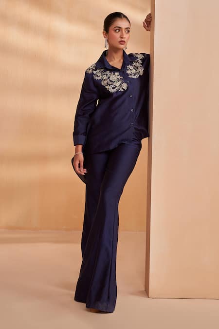 Aakansha Gupta_Navy Chanderi Embroidery, Beads Collared Dark Blue Tonic Co-ord Set _at_Aza_Fashions