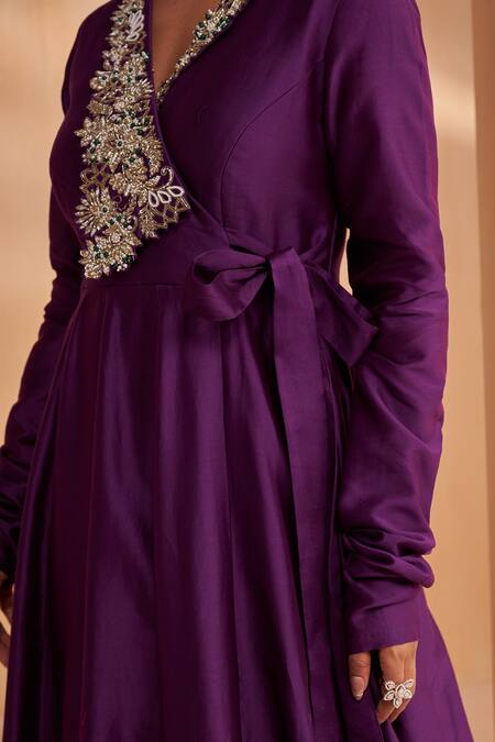 Aakansha Gupta_Purple Chanderi, Tulle Sequins, Beads V-neck Designer Anarkali Set _Online_at_Aza_Fashions