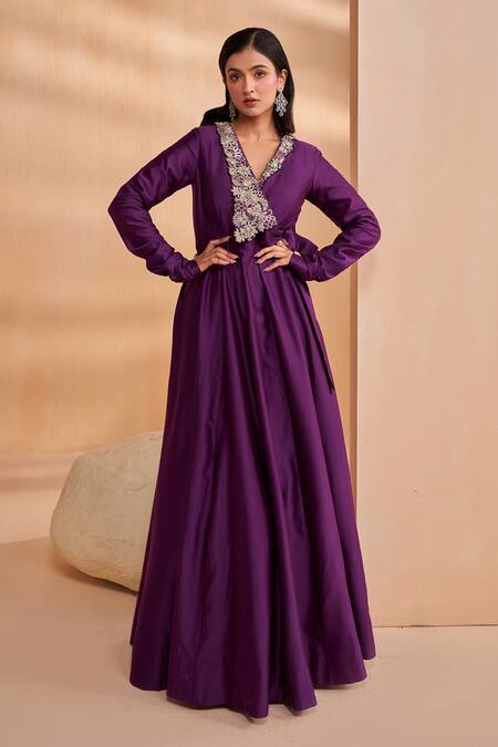 Shop_Aakansha Gupta_Purple Chanderi, Tulle Sequins, Beads V-neck Designer Anarkali Set _Online_at_Aza_Fashions