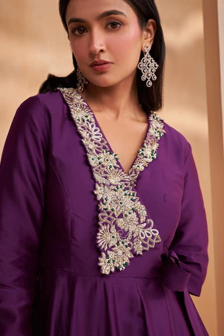 Aakansha Gupta_Purple Chanderi, Tulle Sequins, Beads V-neck Designer Anarkali Set _at_Aza_Fashions