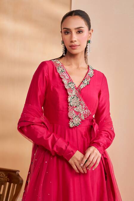 Aakansha Gupta_Pink Chanderi, Tulle Embroidery, Sequins V-neck Designer Anya Anarkali Set _Online_at_Aza_Fashions
