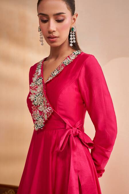 Buy_Aakansha Gupta_Pink Chanderi, Tulle Embroidery, Sequins V-neck Designer Anya Anarkali Set _Online_at_Aza_Fashions
