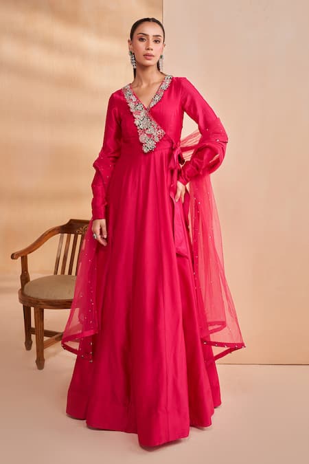Aakansha Gupta Pink Chanderi, Tulle Embroidery, Sequins V-neck Designer Anya Anarkali Set