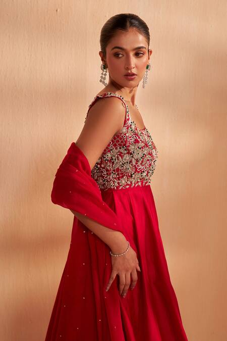 Aakansha Gupta_Red Chanderi, Tulle Embroidery, Sequins Square Neck Rosaline Anarkali Set _Online_at_Aza_Fashions