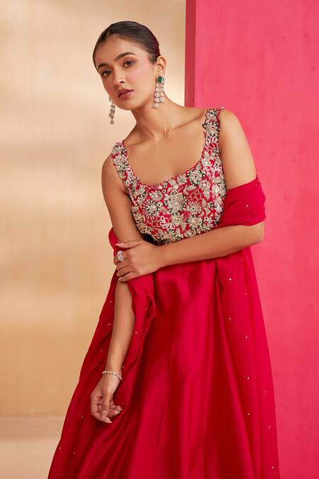 Shop_Aakansha Gupta_Red Chanderi, Tulle Embroidery, Sequins Square Neck Rosaline Anarkali Set _Online_at_Aza_Fashions