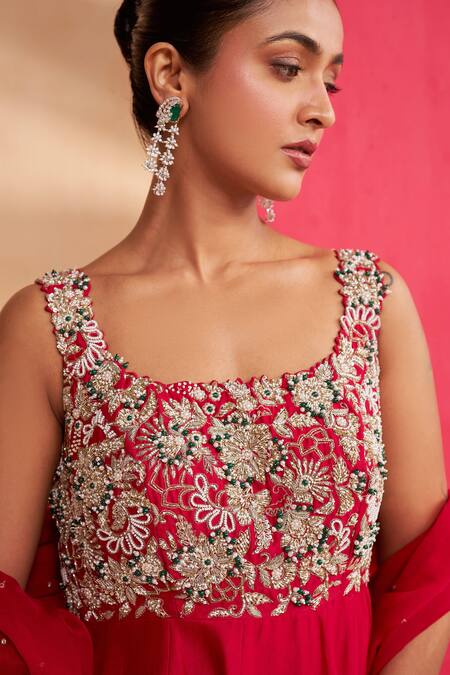 Aakansha Gupta_Red Chanderi, Tulle Embroidery, Sequins Square Neck Rosaline Anarkali Set _at_Aza_Fashions