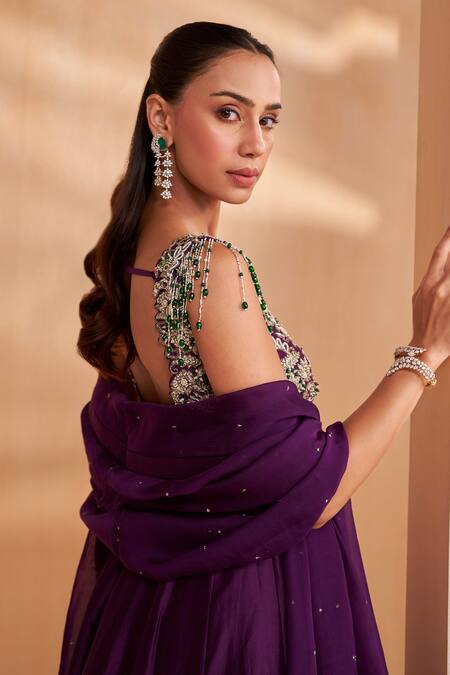Aakansha Gupta_Purple Chanderi, Tulle Beads, Sequins Square Neck Designer Rosaline Anarkali Set _Online_at_Aza_Fashions