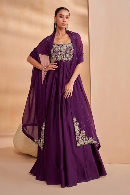 Buy_Aakansha Gupta_Purple Chanderi, Tulle Beads, Sequins Square Neck Designer Rosaline Anarkali Set _Online_at_Aza_Fashions