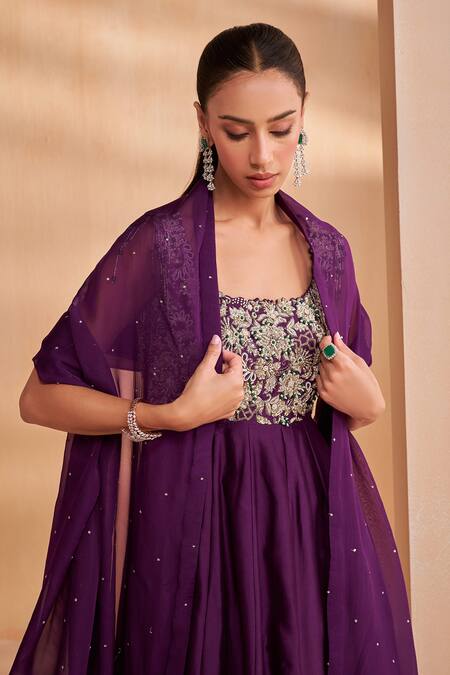 Shop_Aakansha Gupta_Purple Chanderi, Tulle Beads, Sequins Square Neck Designer Rosaline Anarkali Set _Online_at_Aza_Fashions