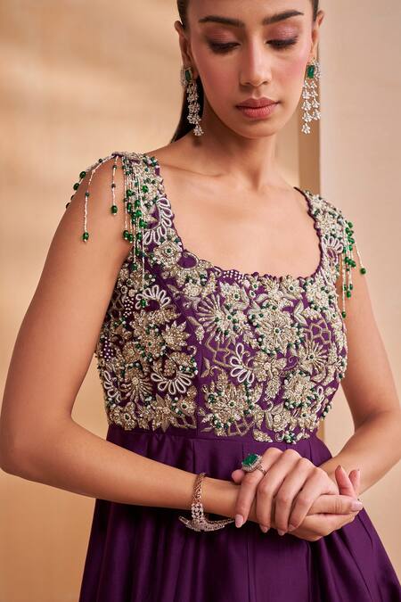 Aakansha Gupta_Purple Chanderi, Tulle Beads, Sequins Square Neck Designer Rosaline Anarkali Set _at_Aza_Fashions