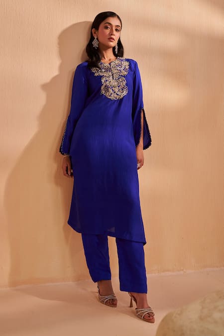 Buy Aakansha Gupta Blue Silk Embroidery Round Neck Designer Amaris Kurta Set Online at Aza Fashions Buy_Aakansha Gupta_Blue Silk Embroidery Round Neck Designer Amaris Kurta Set _Online_at_Aza_Fashions