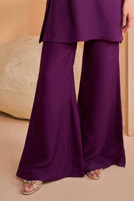 Aakansha Gupta_Purple Tussar, Silk Embroidery Round Neck Elara Kurta Set _Online_at_Aza_Fashions